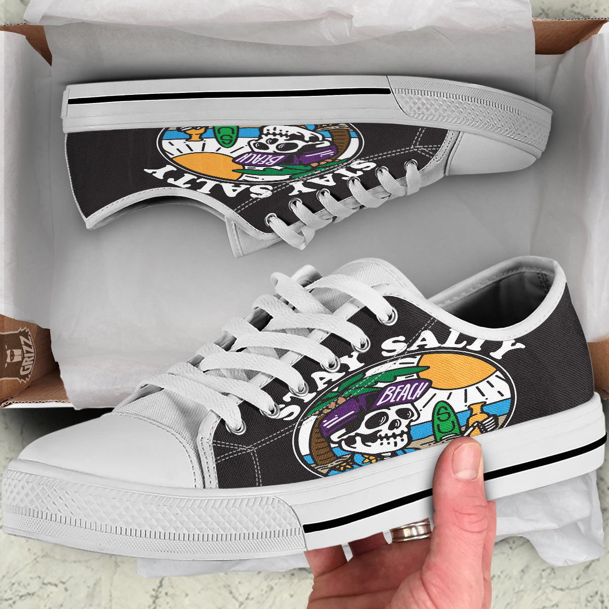 Skull Relax On Beach Print White Low Top Shoes-grizzshop