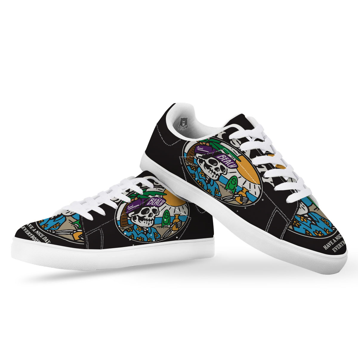 Skull Relax On Beach Print White Low Top Sneakers-grizzshop