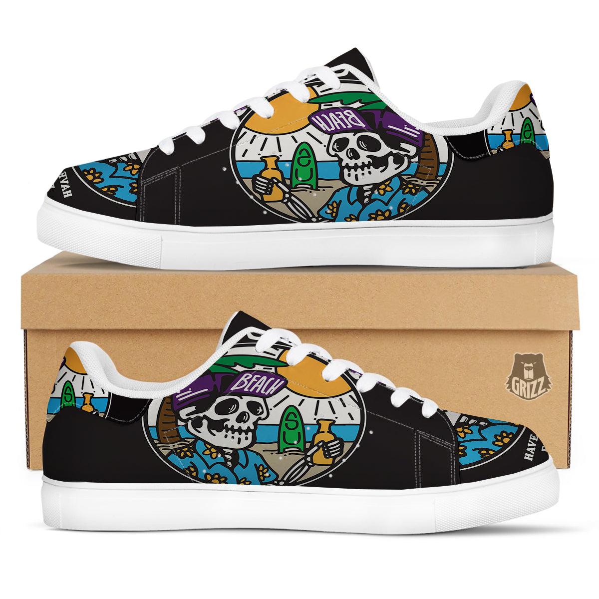 Skull Relax On Beach Print White Low Top Sneakers-grizzshop