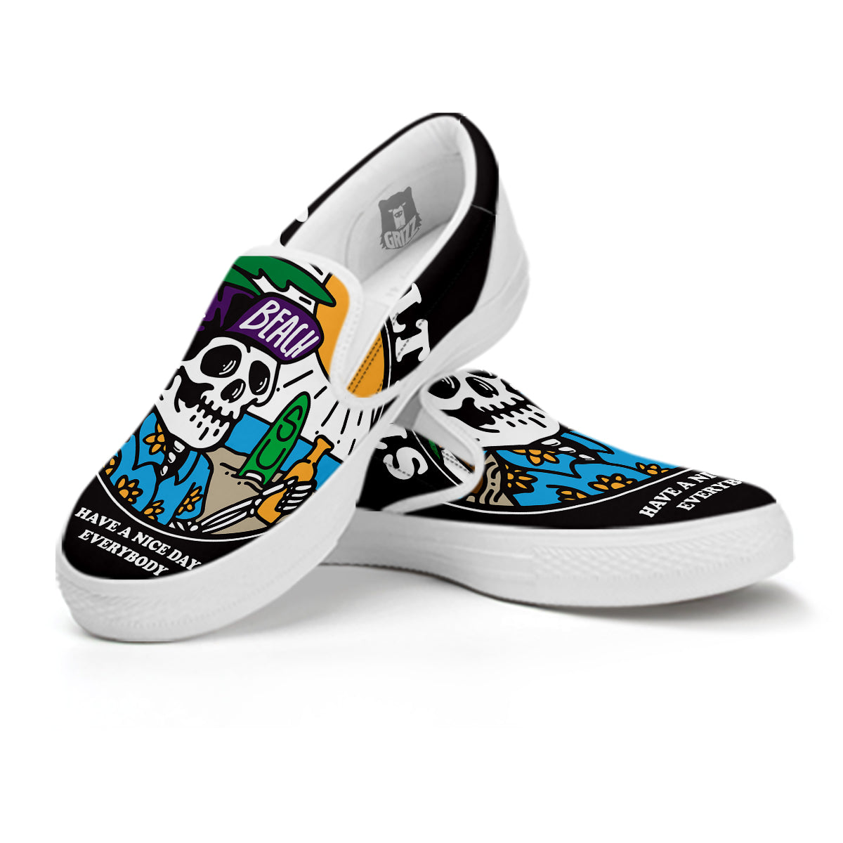 Skull Relax On Beach Print White Slip On Shoes-grizzshop