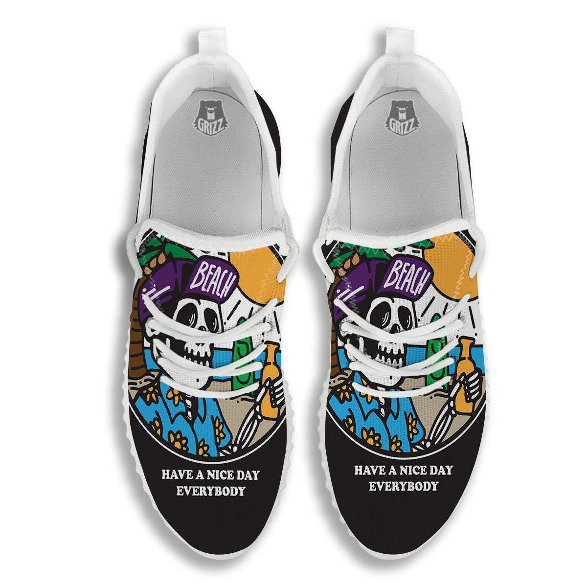 Skull Relax On Beach Print White Walking Shoes-grizzshop