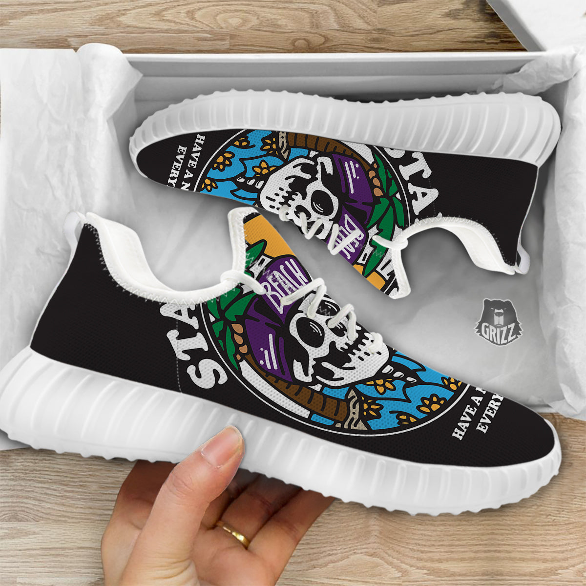 Skull Relax On Beach Print White Walking Shoes-grizzshop