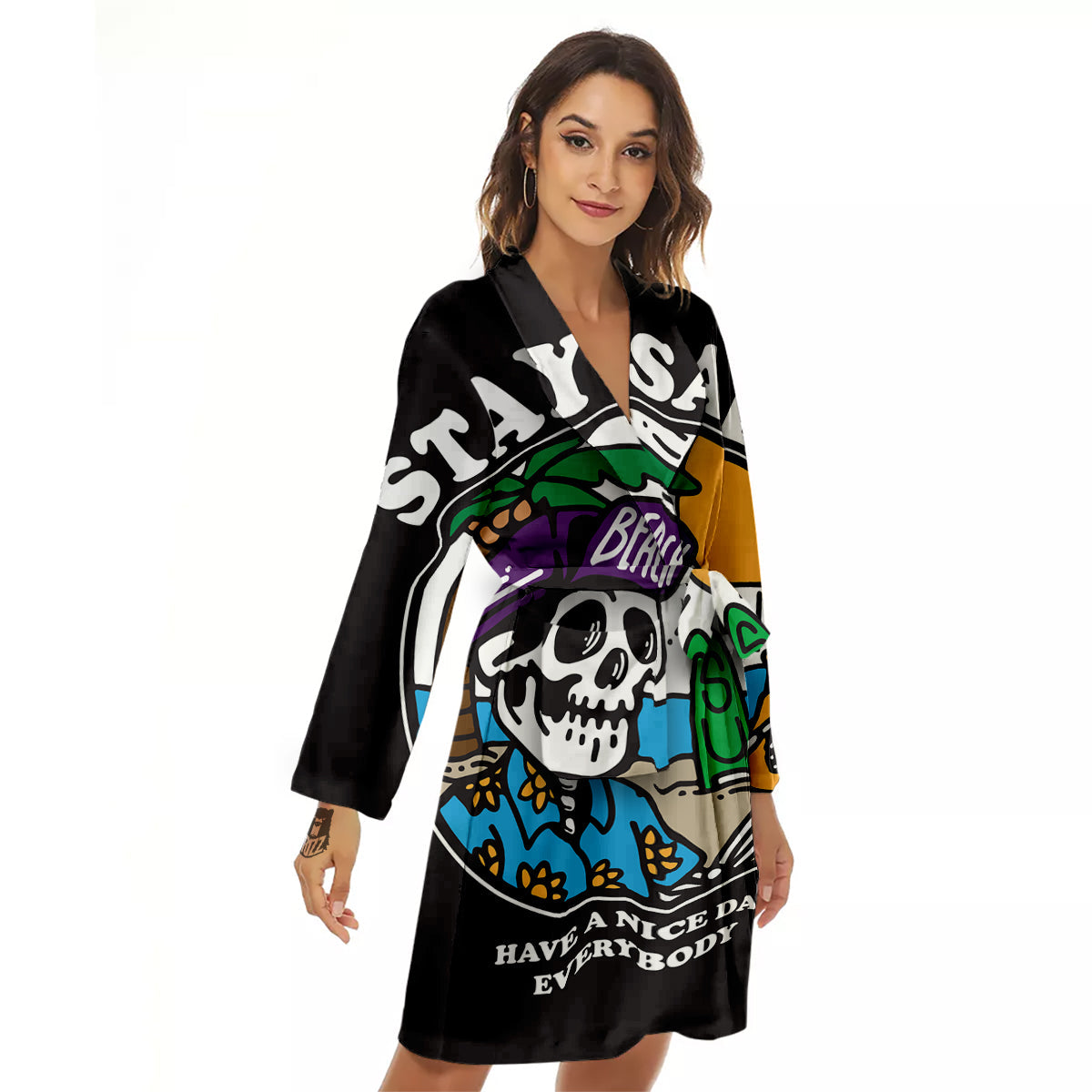 Skull Relax On Beach Print Women's Robe-grizzshop