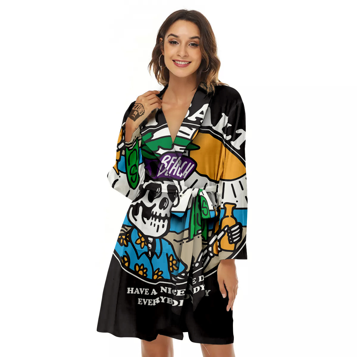 Skull Relax On Beach Print Women's Robe-grizzshop