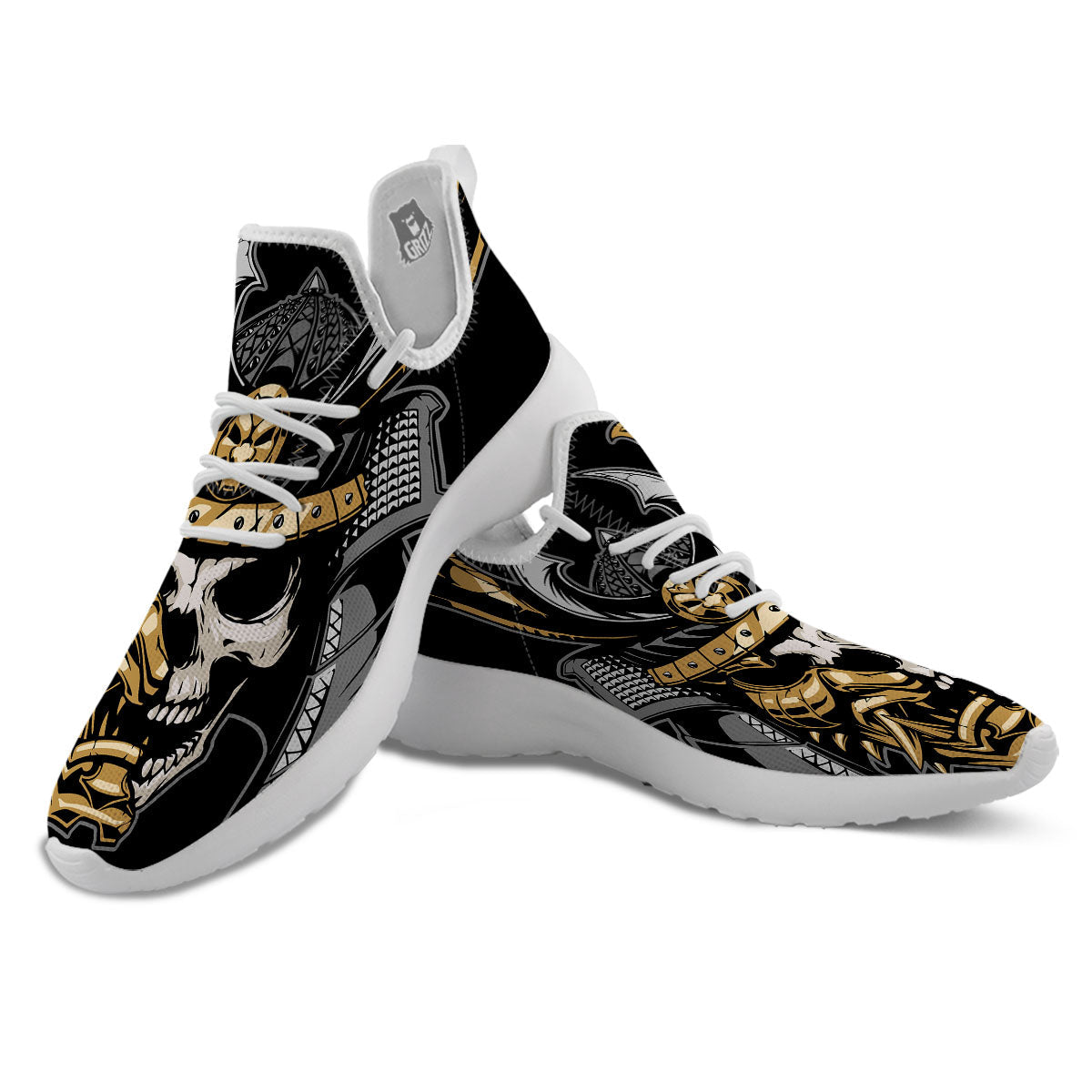 Skull Samurai Warrior Print White Athletic Shoes-grizzshop