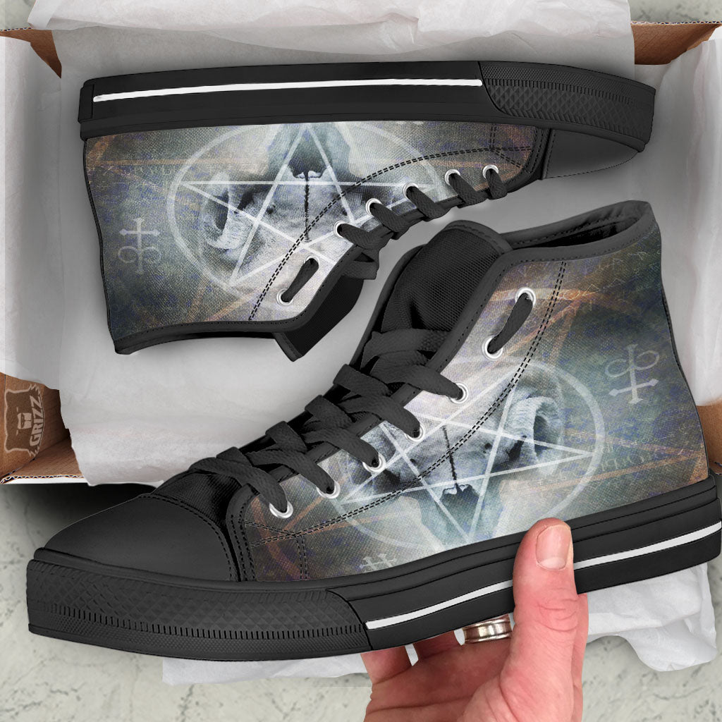 Skull Satanic Pentagram Print Black High Top Shoes-grizzshop