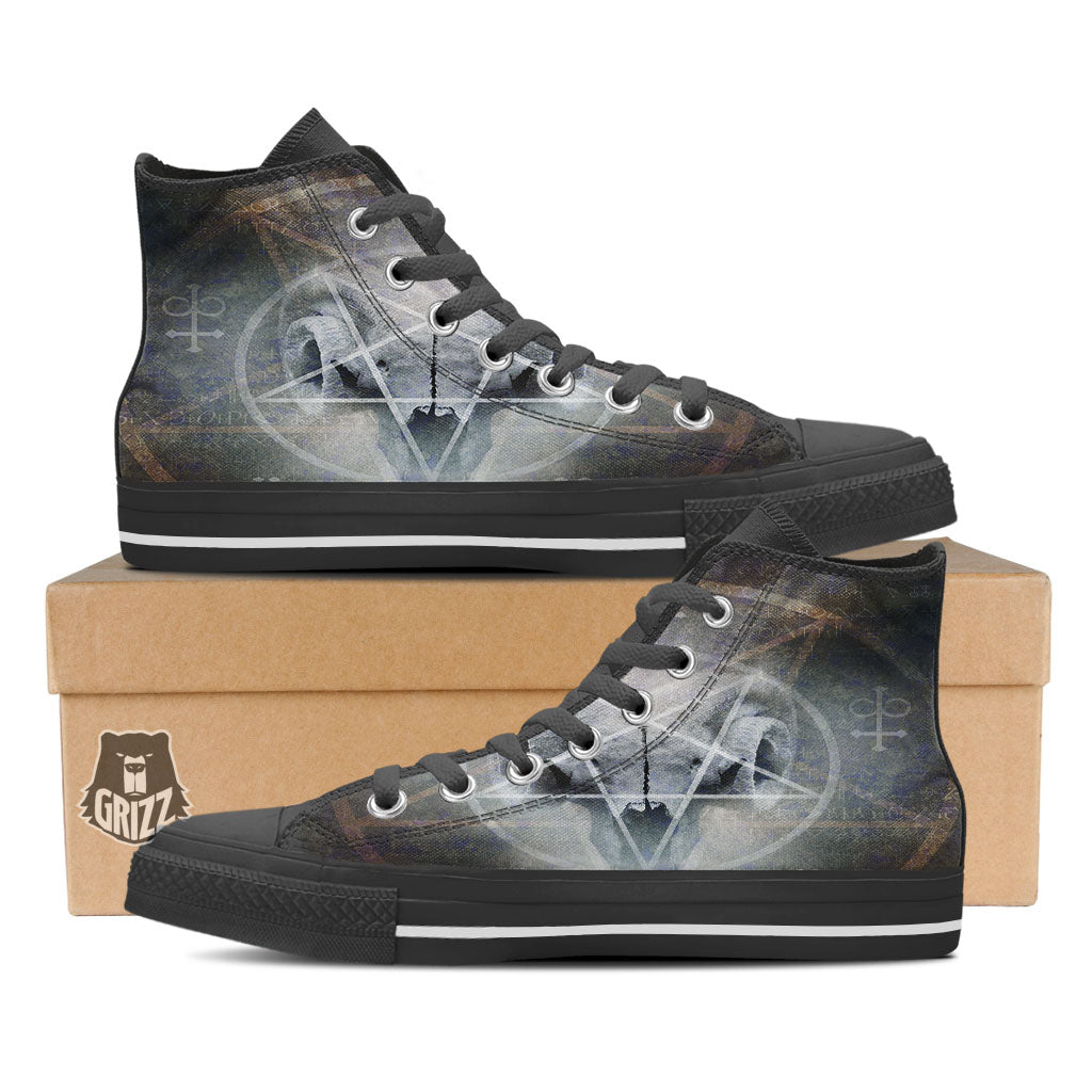 Skull Satanic Pentagram Print Black High Top Shoes-grizzshop