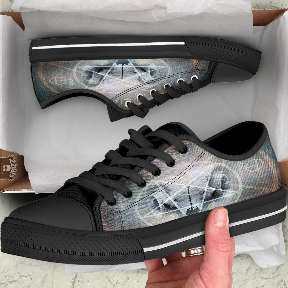 Skull Satanic Pentagram Print Black Low Top Shoes-grizzshop