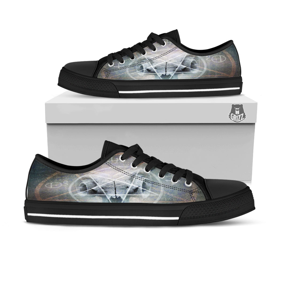 Skull Satanic Pentagram Print Black Low Top Shoes-grizzshop