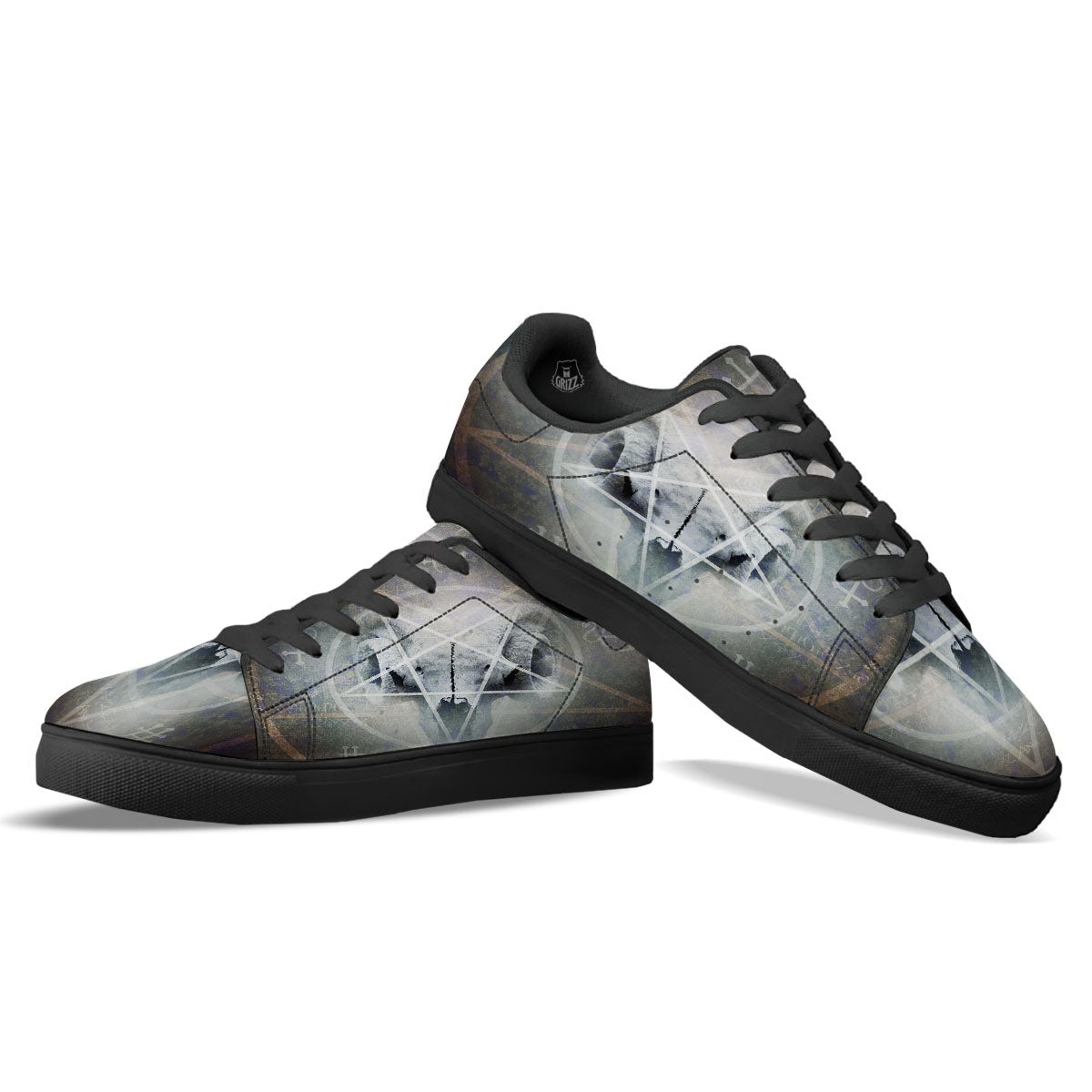 Skull Satanic Pentagram Print Black Low Top Sneakers-grizzshop