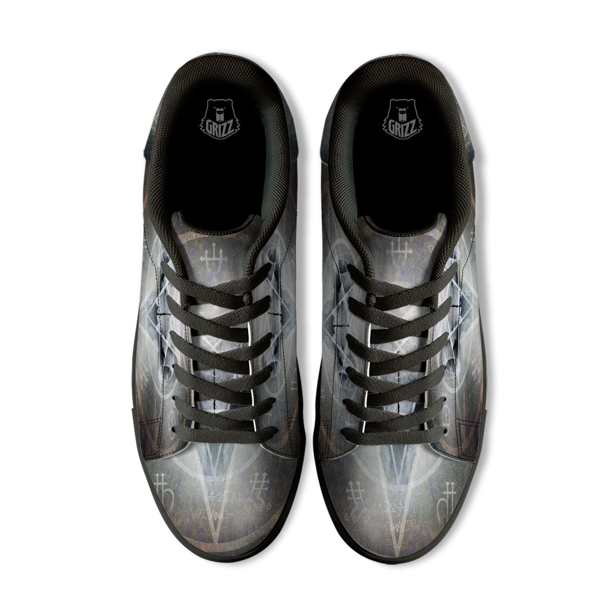 Skull Satanic Pentagram Print Black Low Top Sneakers-grizzshop