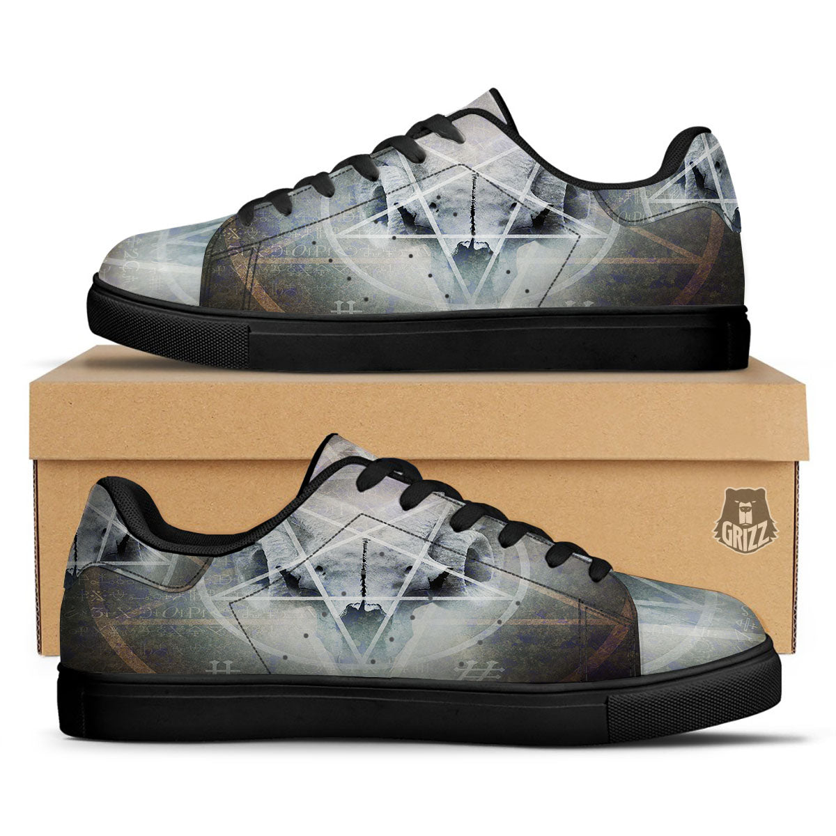 Skull Satanic Pentagram Print Black Low Top Sneakers-grizzshop