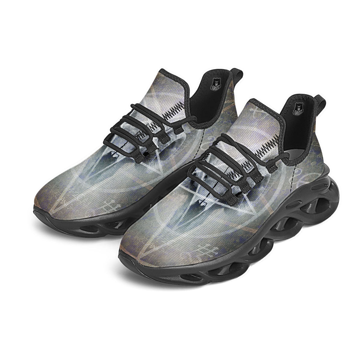 Skull Satanic Pentagram Print Black Running Shoes-grizzshop