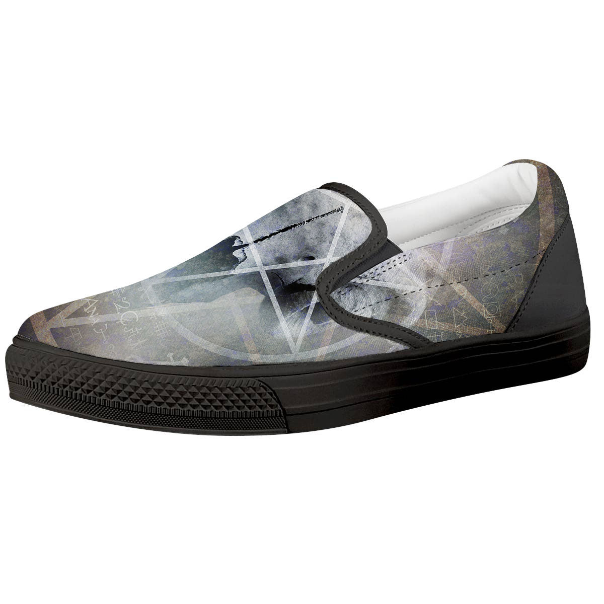 Skull Satanic Pentagram Print Black Slip On Shoes-grizzshop