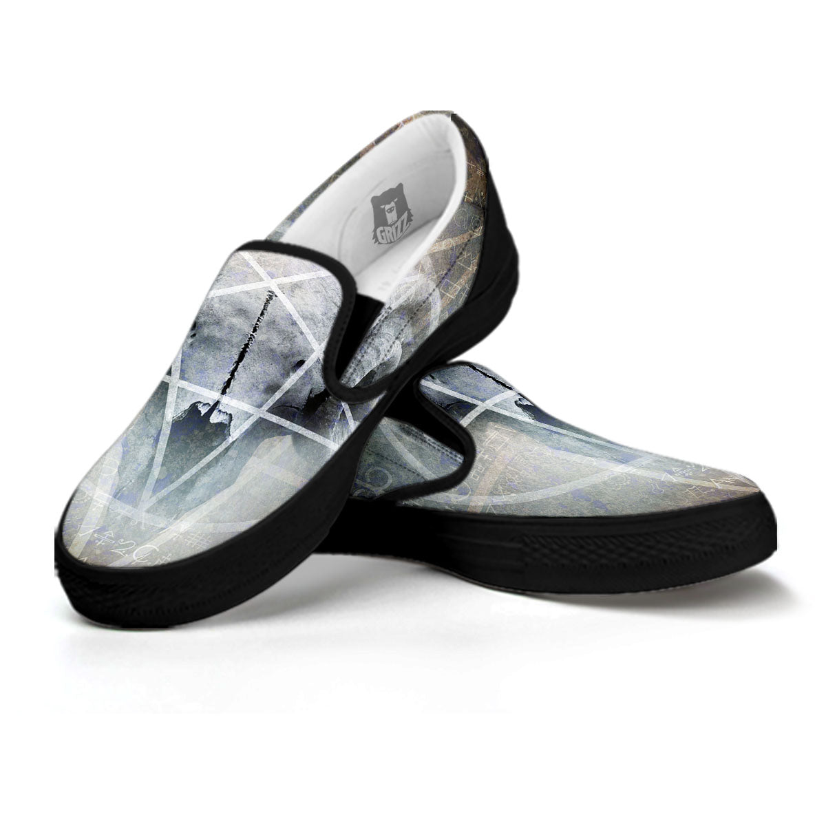 Skull Satanic Pentagram Print Black Slip On Shoes-grizzshop