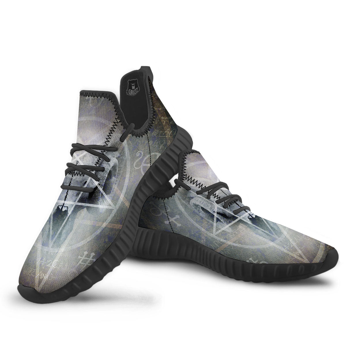 Skull Satanic Pentagram Print Black Walking Shoes-grizzshop