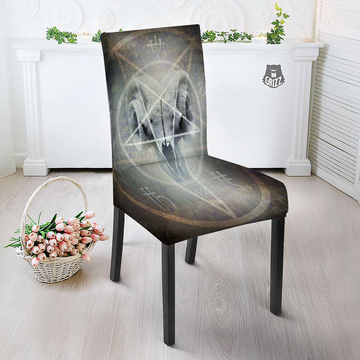 Skull Satanic Pentagram Print Dining Chair Slipcover-grizzshop