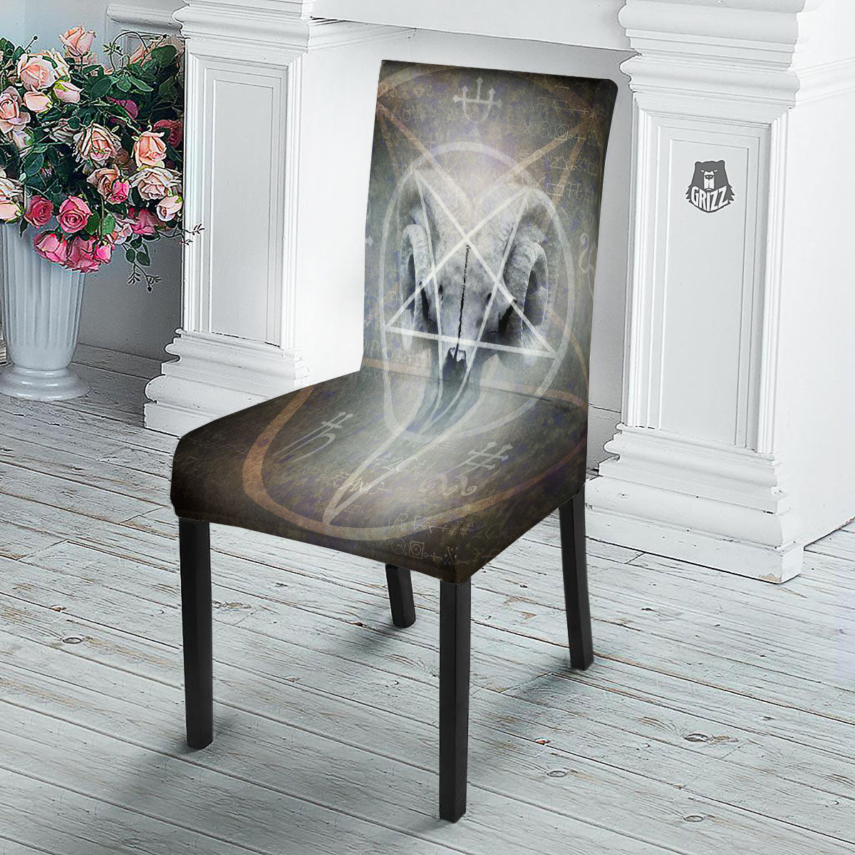 Skull Satanic Pentagram Print Dining Chair Slipcover-grizzshop