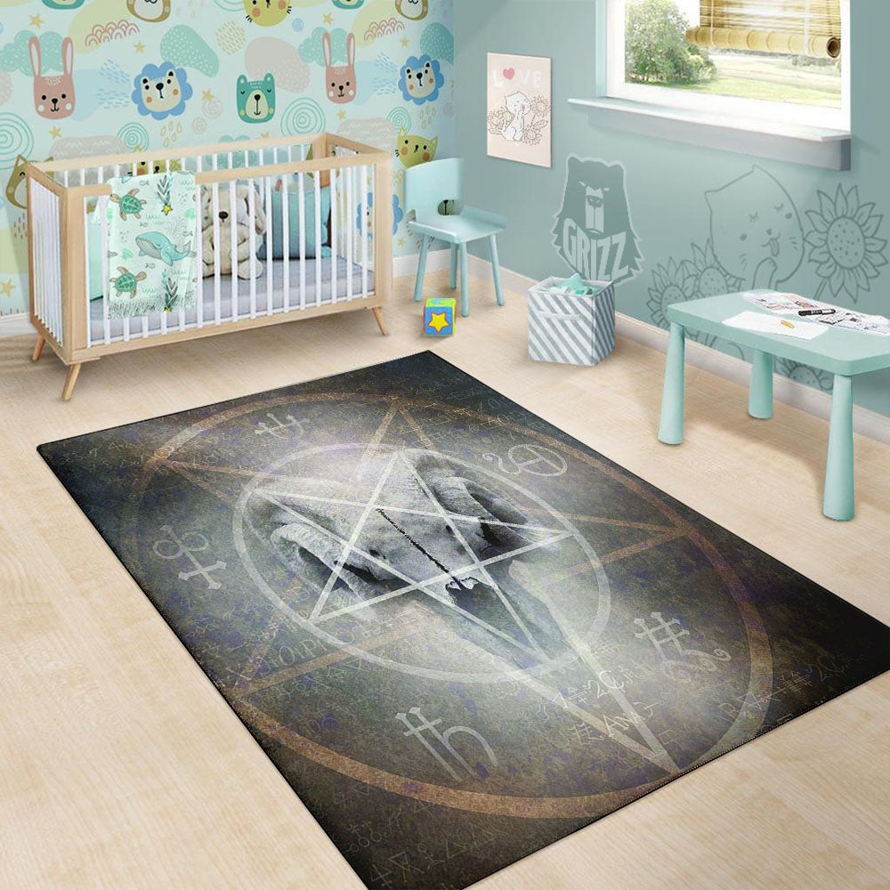 Skull Satanic Pentagram Print Floor Mat-grizzshop