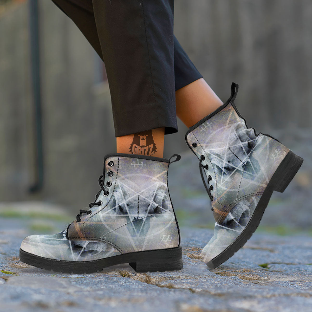 Skull Satanic Pentagram Print Leather Boots-grizzshop