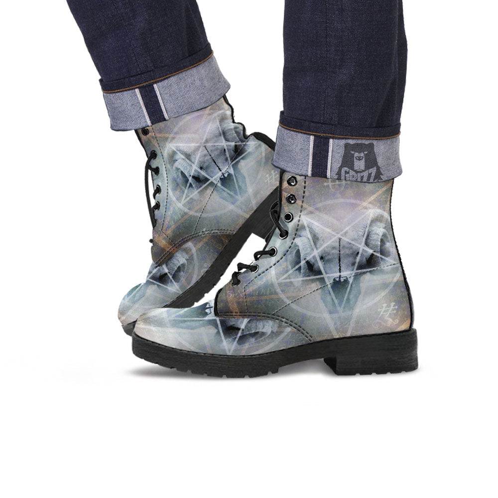 Skull Satanic Pentagram Print Leather Boots-grizzshop