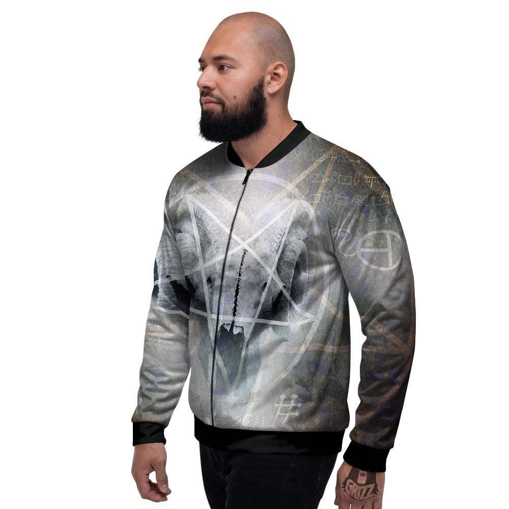Skull Satanic Pentagram Print Men's Bomber Jacket-grizzshop