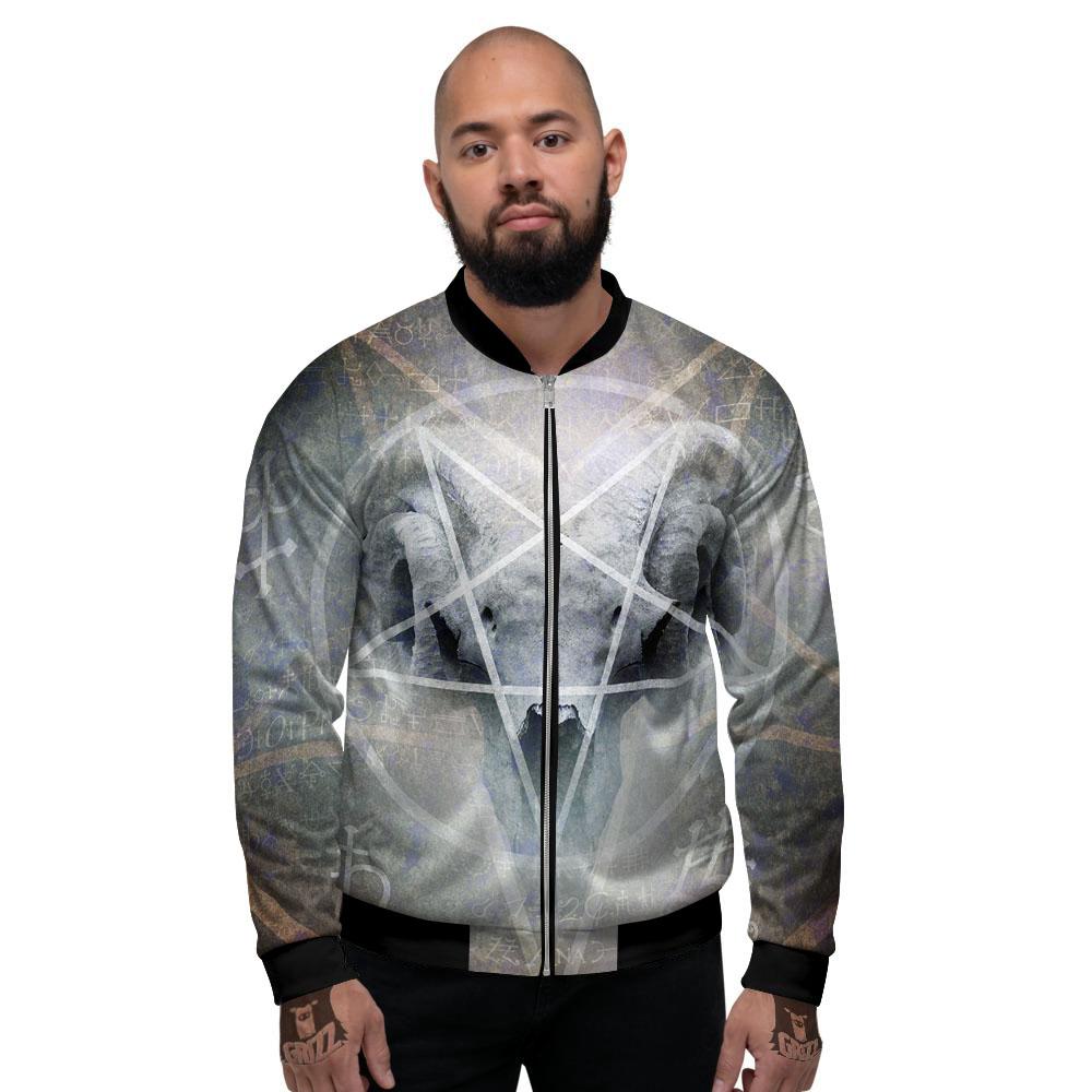 Skull Satanic Pentagram Print Men's Bomber Jacket-grizzshop