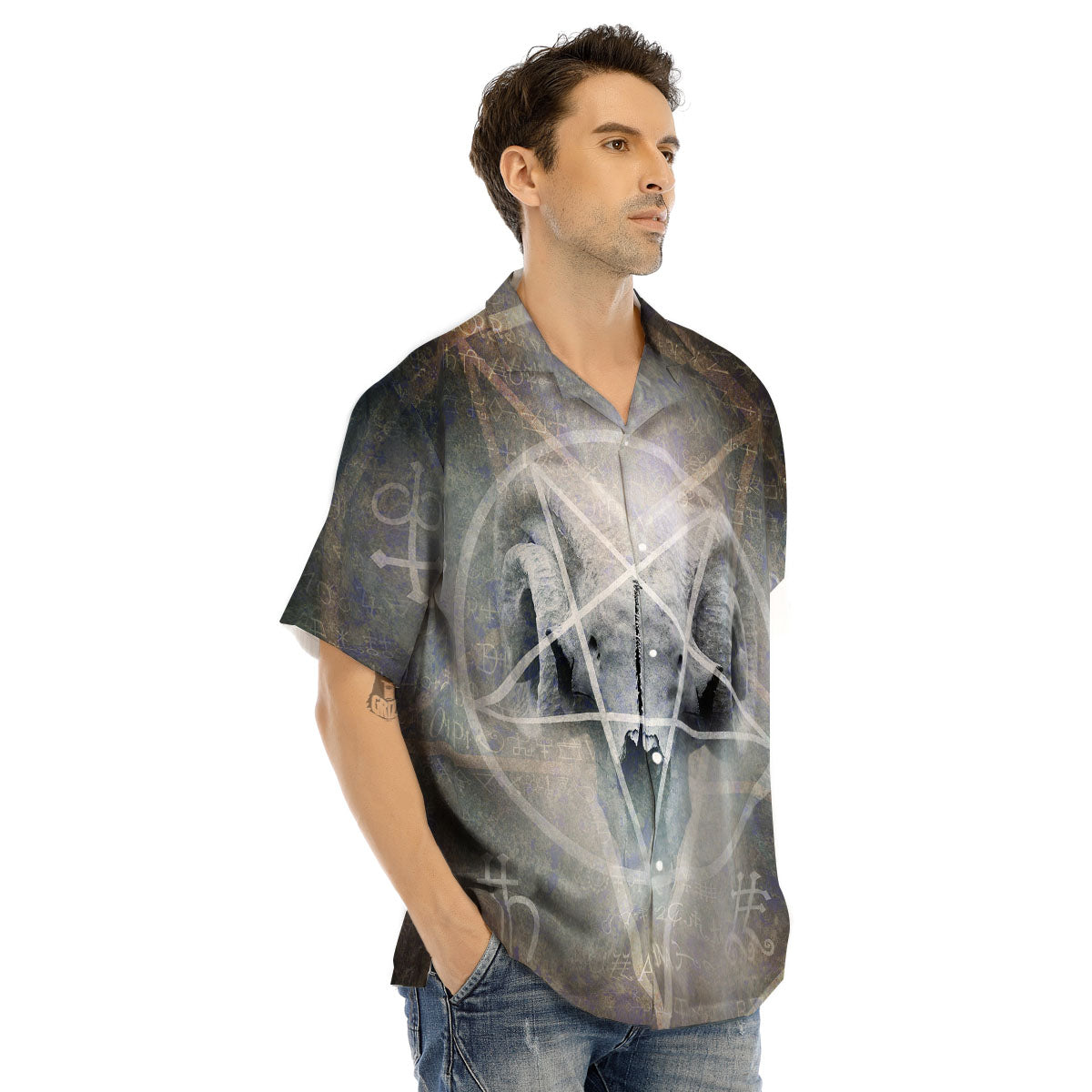 Skull Satanic Pentagram Print Men's Hawaiian Shirt-grizzshop