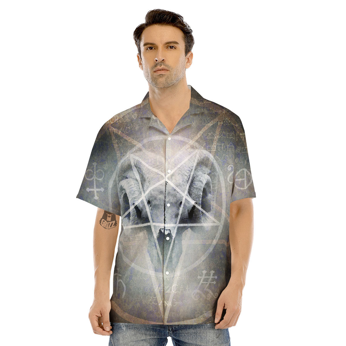 Skull Satanic Pentagram Print Men's Hawaiian Shirt-grizzshop