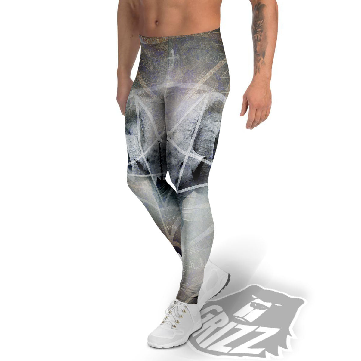 Skull Satanic Pentagram Print Men's Leggings-grizzshop