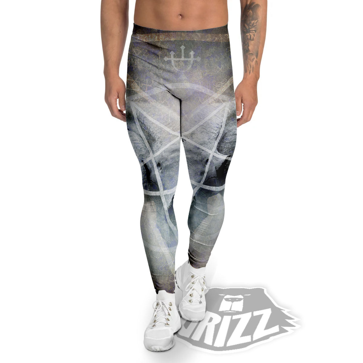Skull Satanic Pentagram Print Men's Leggings-grizzshop