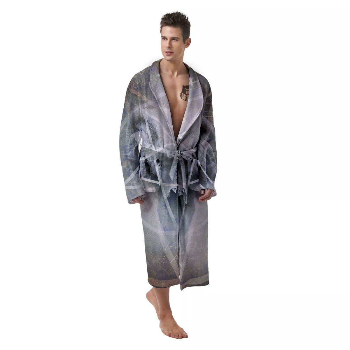 Skull Satanic Pentagram Print Men's Robe-grizzshop