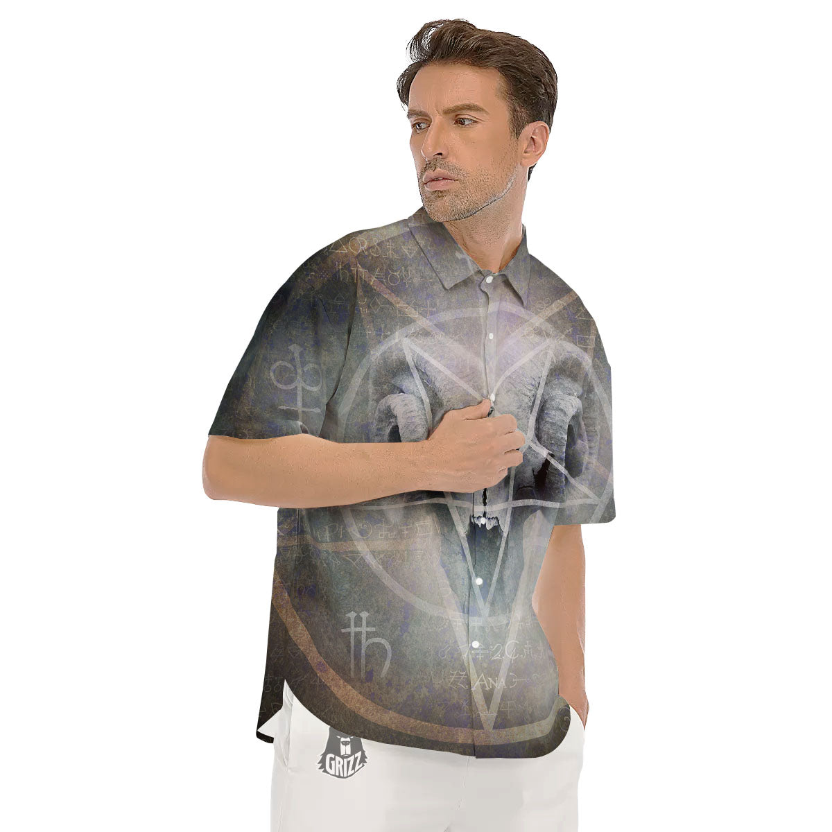 Skull Satanic Pentagram Print Men's Short Sleeve Shirts-grizzshop