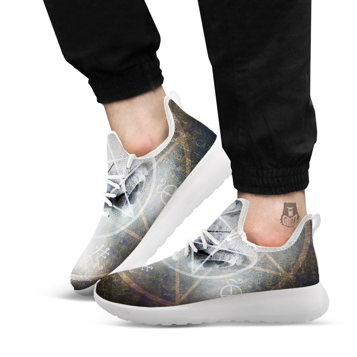 Skull Satanic Pentagram Print White Athletic Shoes-grizzshop