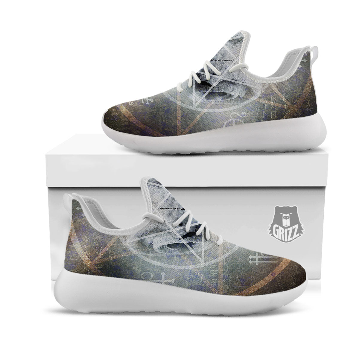 Skull Satanic Pentagram Print White Athletic Shoes-grizzshop