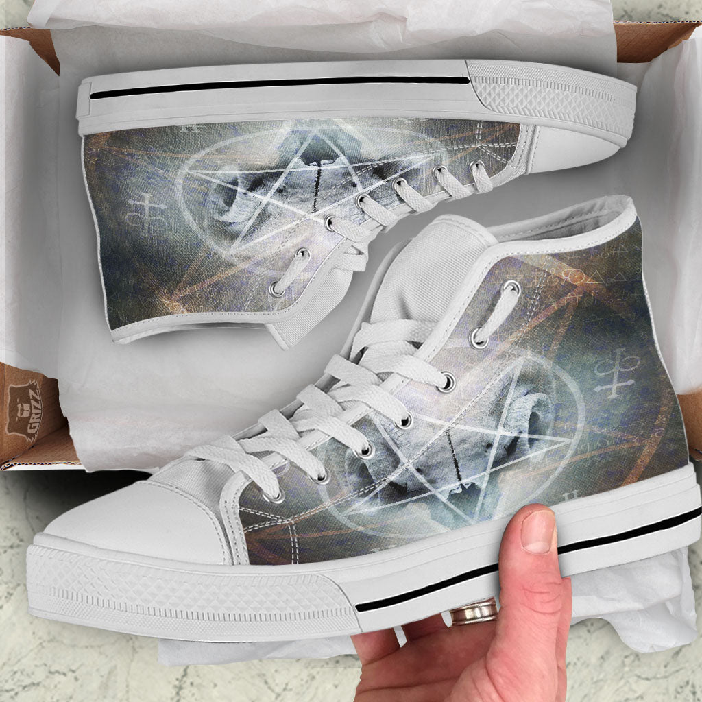Skull Satanic Pentagram Print White High Top Shoes-grizzshop