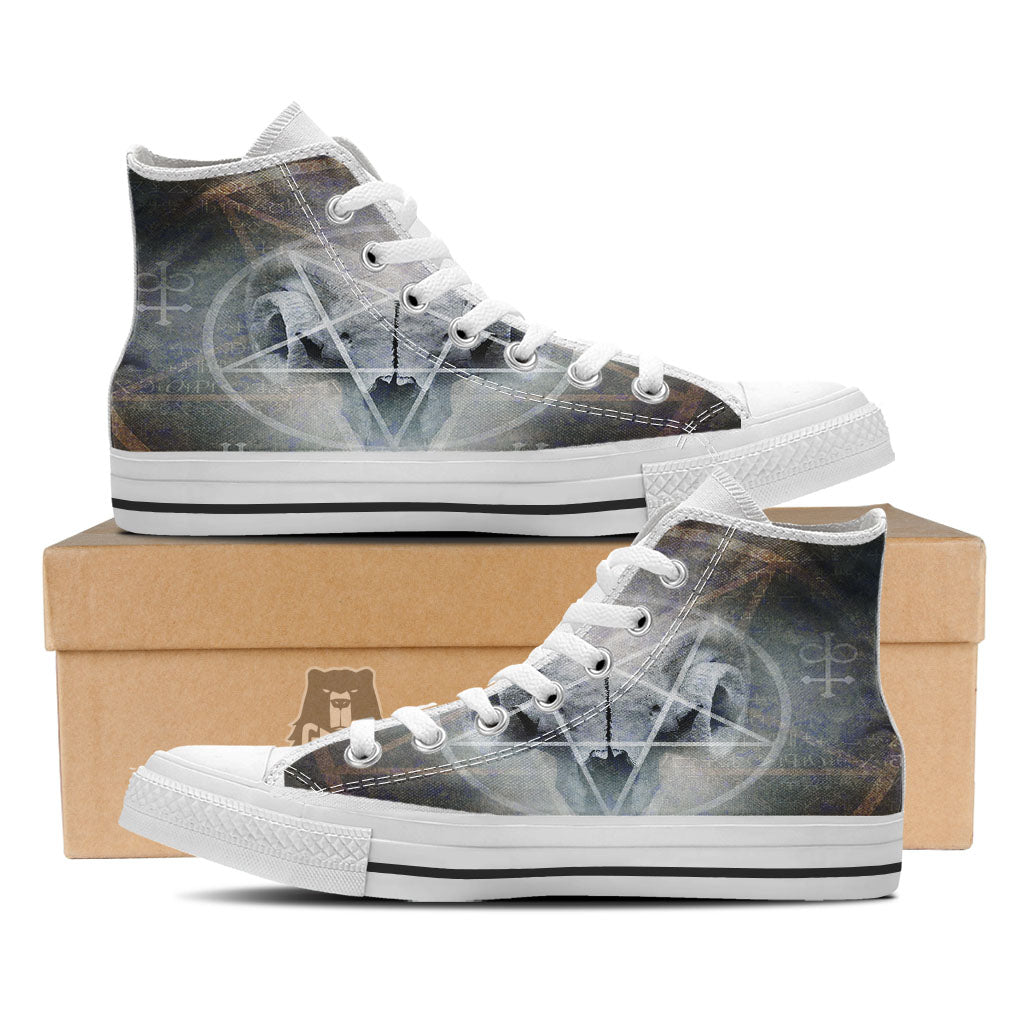 Skull Satanic Pentagram Print White High Top Shoes-grizzshop