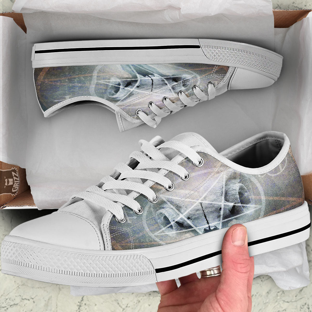 Skull Satanic Pentagram Print White Low Top Shoes-grizzshop