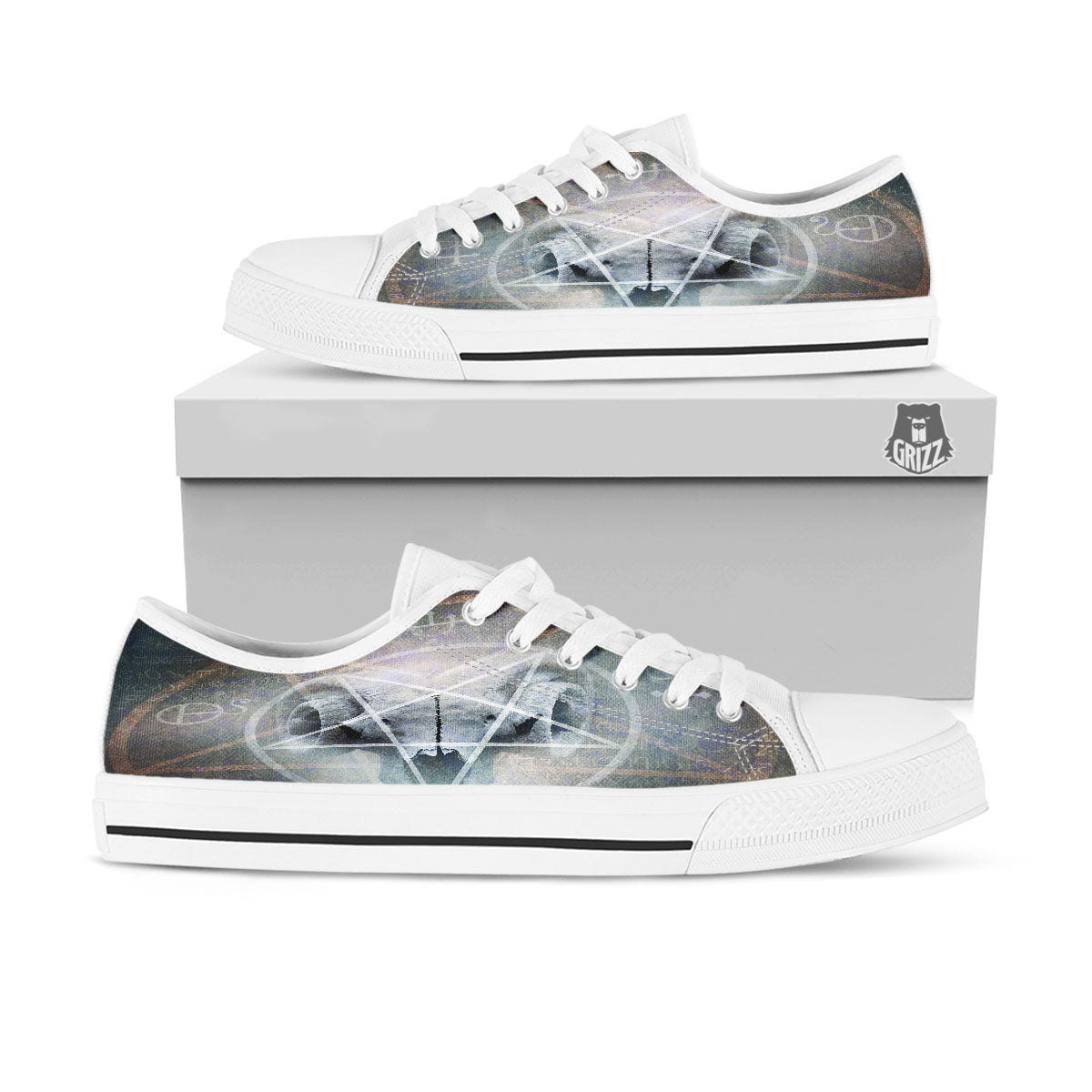 Skull Satanic Pentagram Print White Low Top Shoes-grizzshop