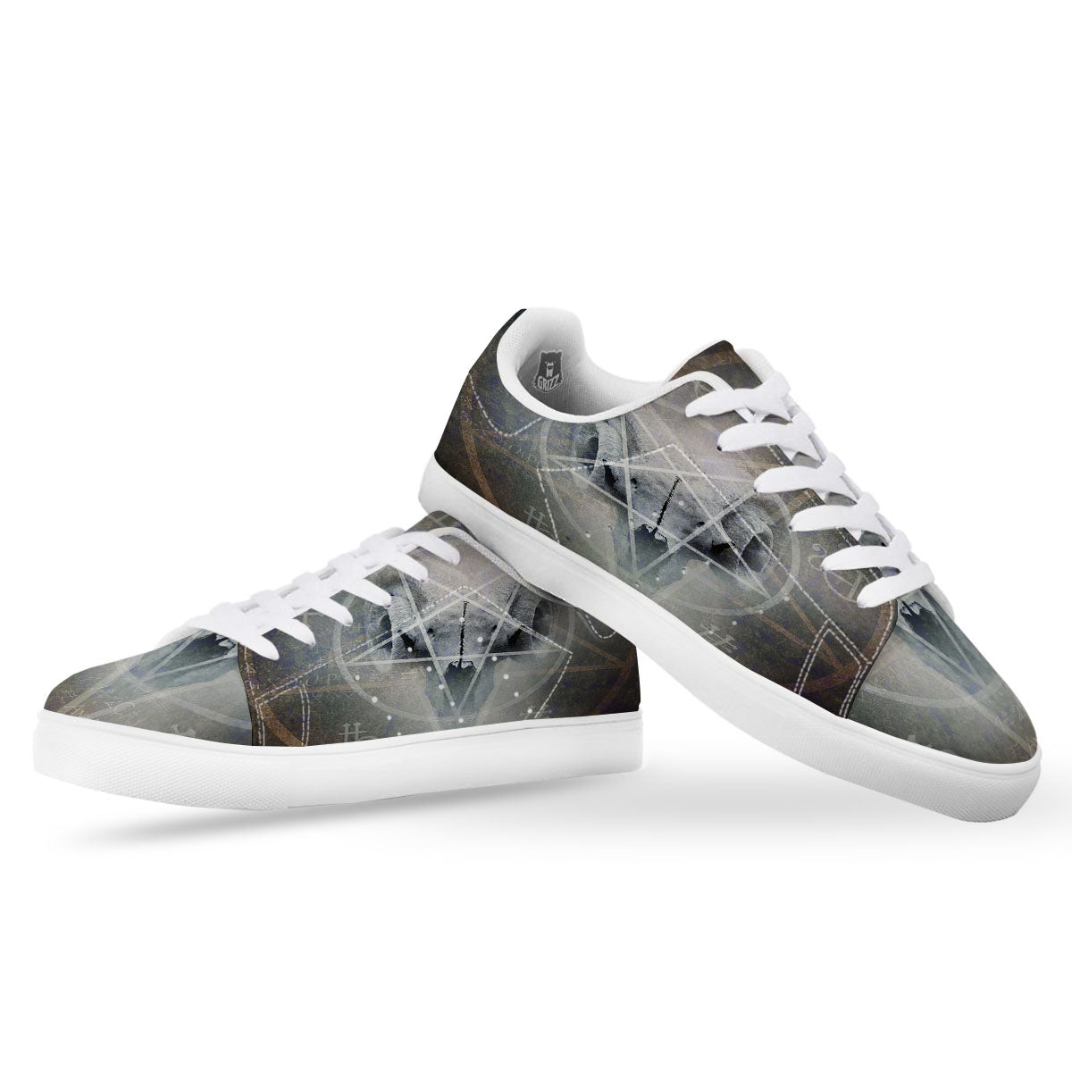 Skull Satanic Pentagram Print White Low Top Sneakers-grizzshop