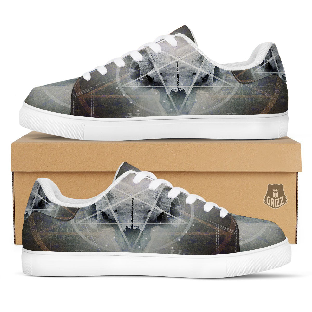 Skull Satanic Pentagram Print White Low Top Sneakers-grizzshop