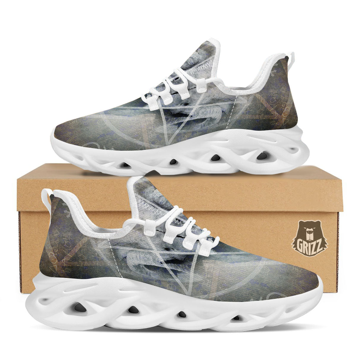 Skull Satanic Pentagram Print White Running Shoes-grizzshop