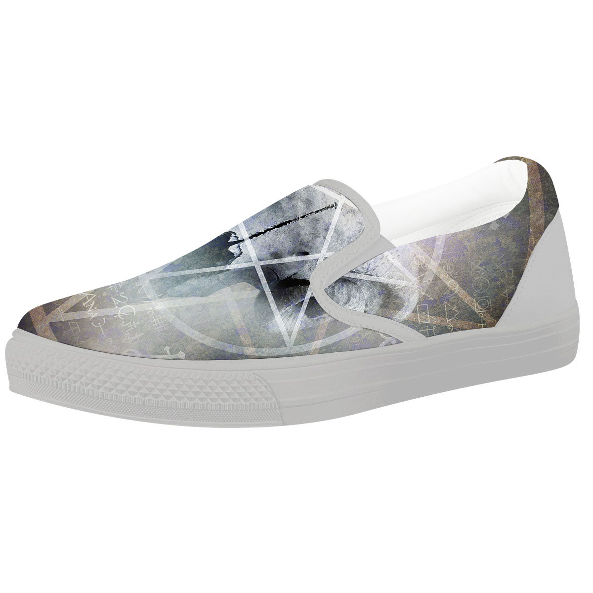 Skull Satanic Pentagram Print White Slip On Shoes-grizzshop
