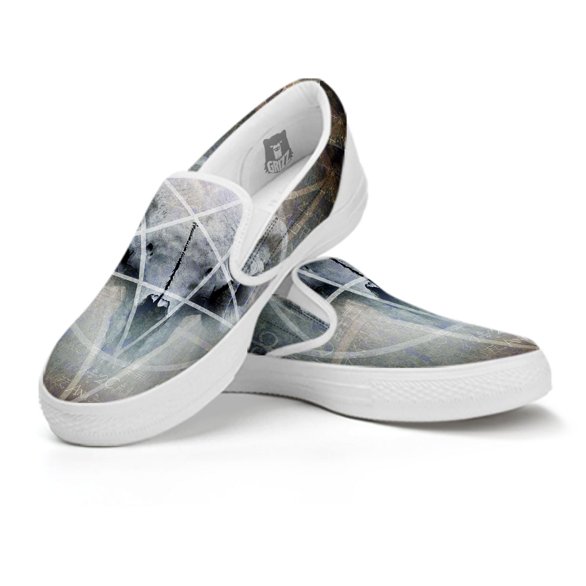 Skull Satanic Pentagram Print White Slip On Shoes-grizzshop