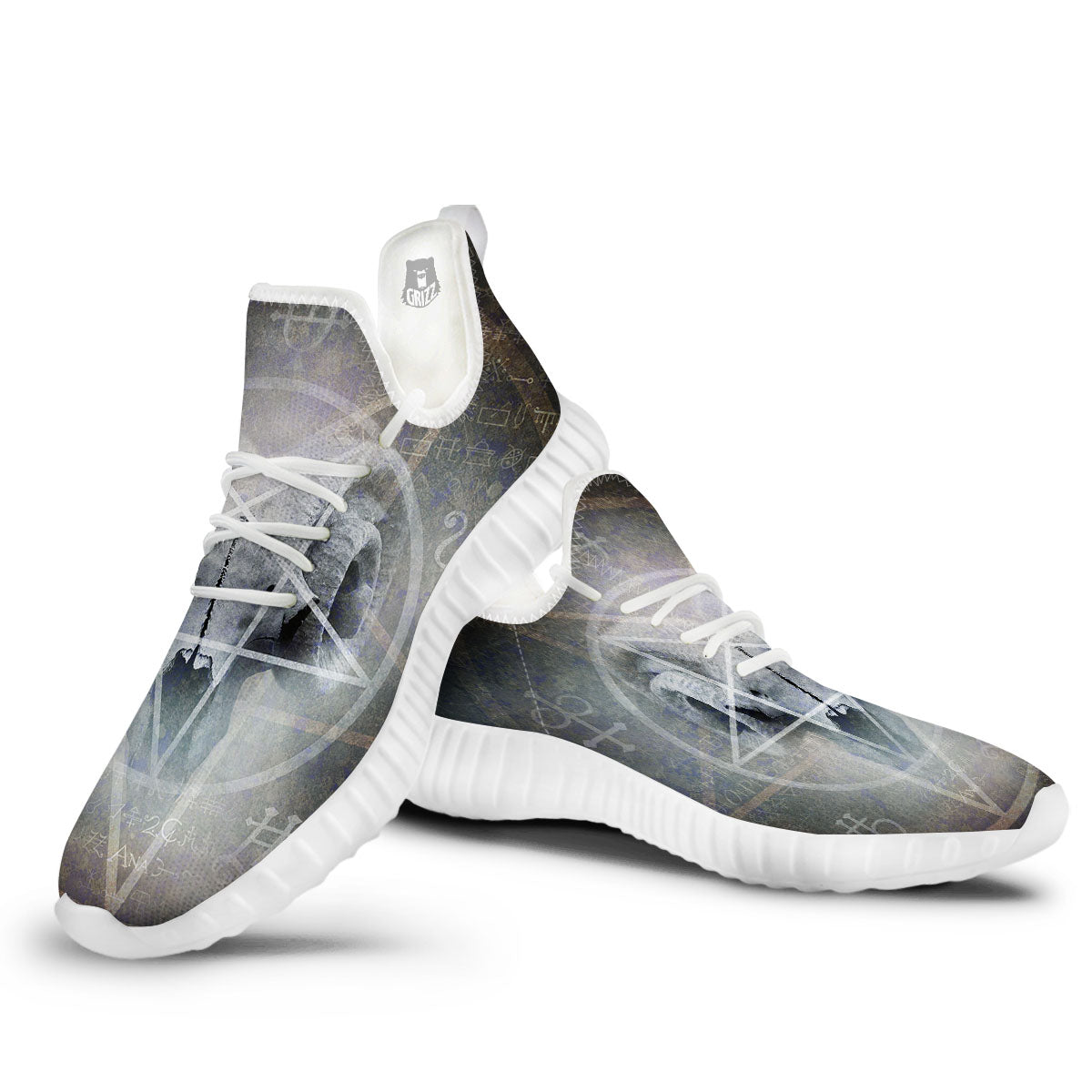 Skull Satanic Pentagram Print White Walking Shoes-grizzshop