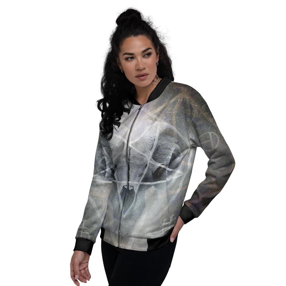 Skull Satanic Pentagram Print Women's Bomber Jacket-grizzshop