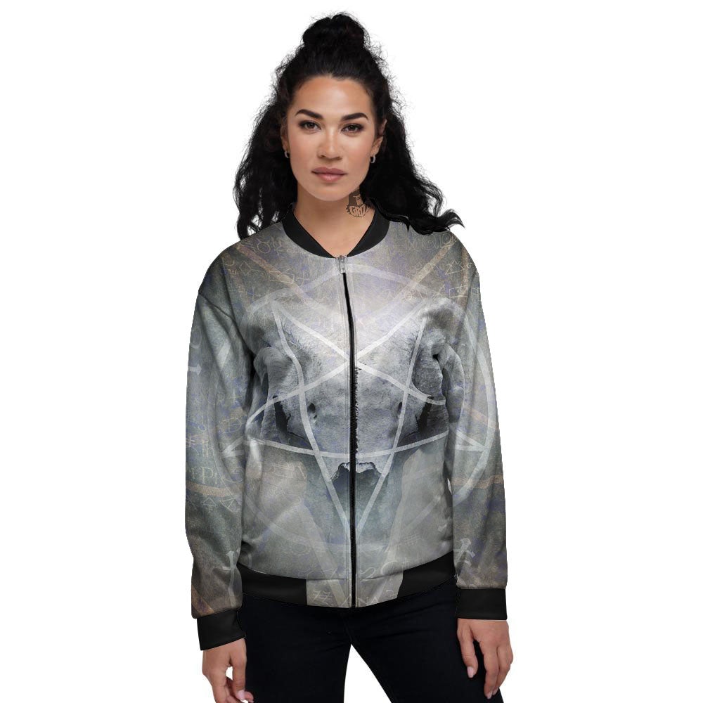 Skull Satanic Pentagram Print Women's Bomber Jacket-grizzshop