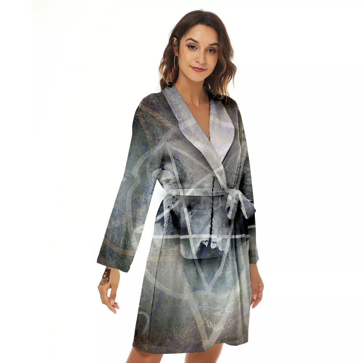 Skull Satanic Pentagram Print Women's Robe-grizzshop