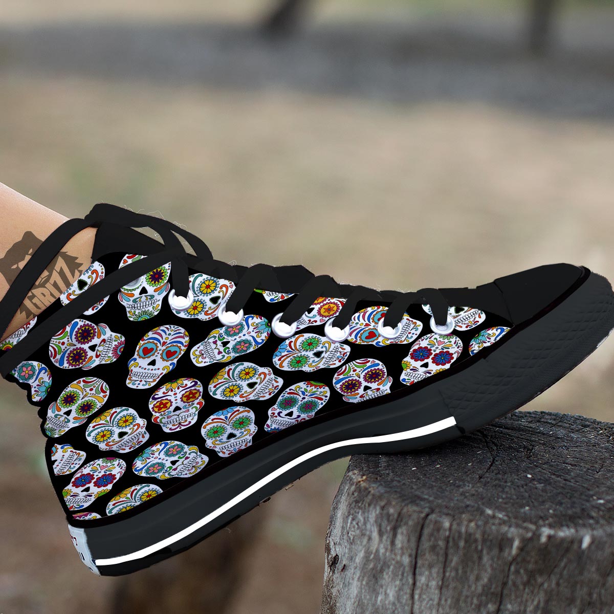 Skull Sugar Print Pattern Black High Top Shoes-grizzshop
