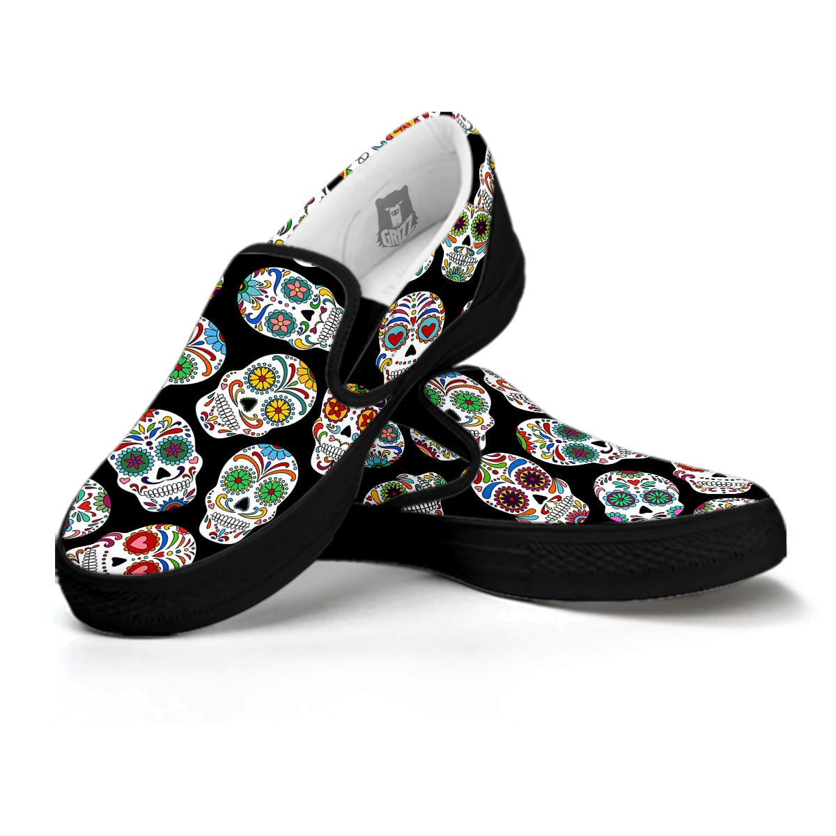 Skull Sugar Print Pattern Black Slip On Shoes-grizzshop